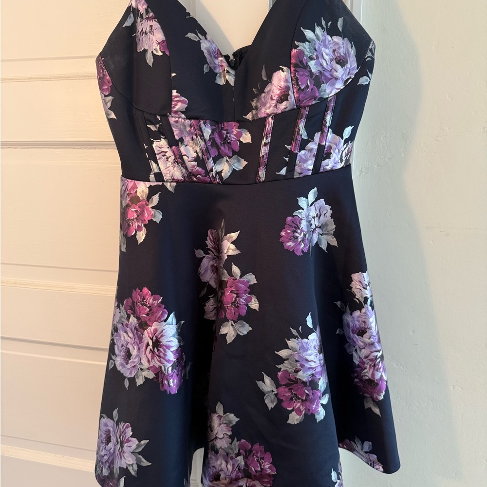 City Studio Navy Blue and Purple Floral Formal Dress